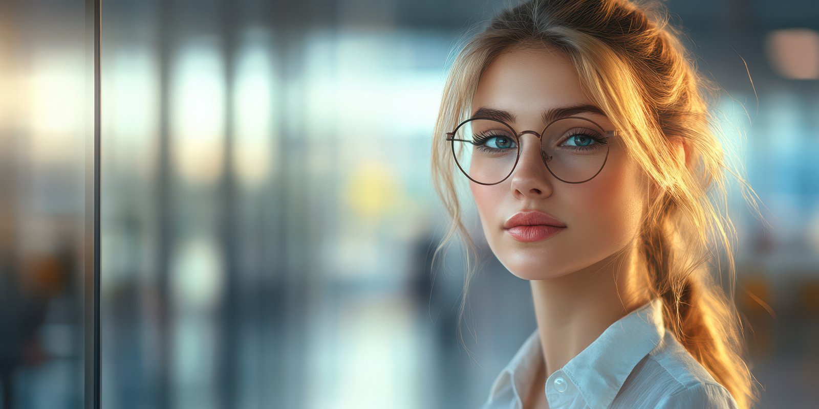 Young woman with glasses poses thoughtfully in a modern, bright indoor space during sunset hours